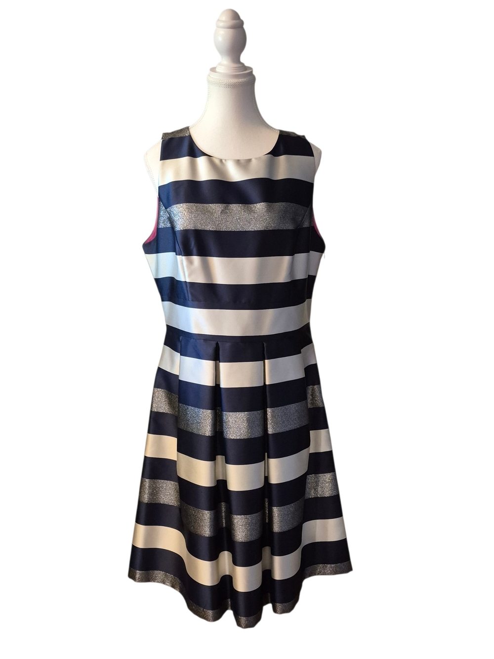 Eliza J Navy, White & Silver Striped Sleeveless Fit-and-Flare Midi Dress